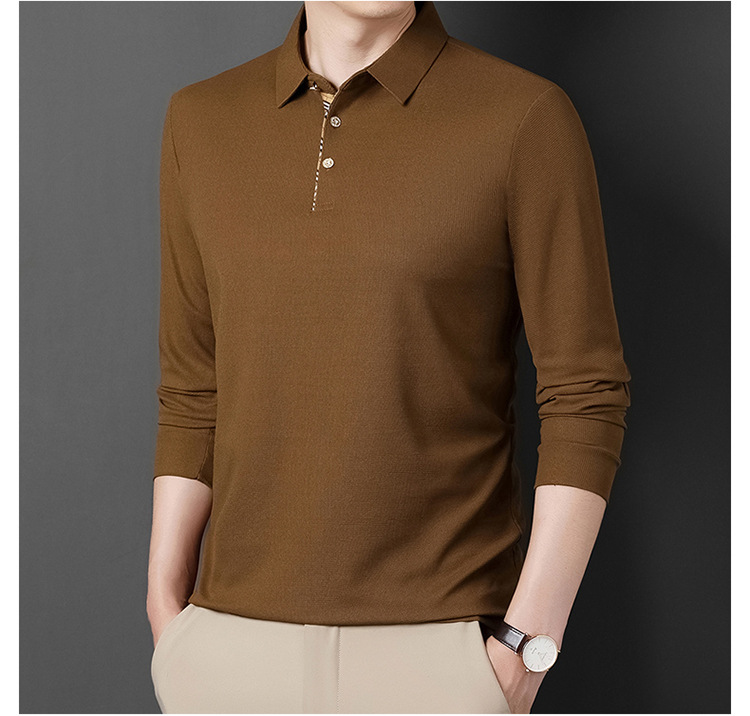 2023 New Autumn Leisure Fashion Business Shirt Long sleeved Middle aged T-shirt with Polo Collar Bottom for Men's Wear_voghion.com