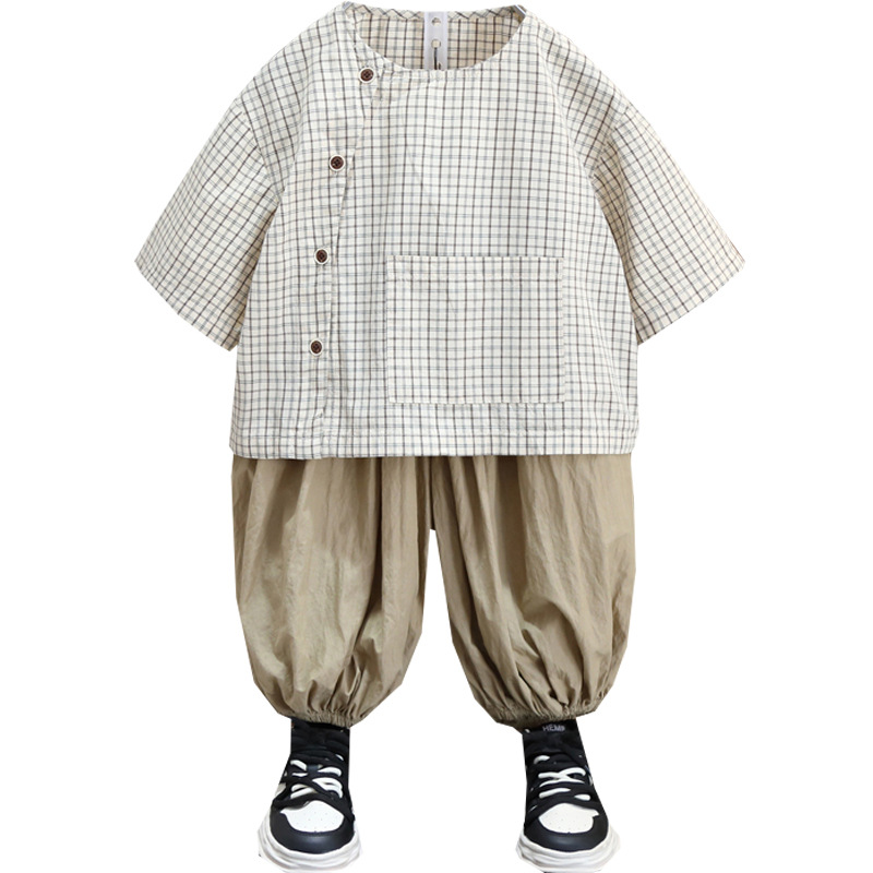 7239 Camisas falsas de dos piezas para niños de verano Pantalones cortos de herramientas para niños 2025 nuevo traje de verano para bebés de moda de manga corta