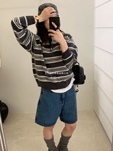 全羊毛条纹复古翻领套头针织衫羊毛衫毛衣女装韩版休闲百搭G1467