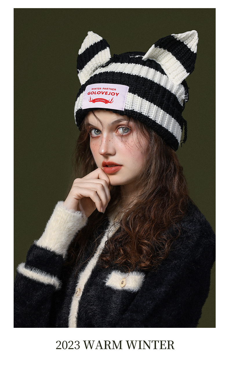 Autunno e inverno Nuovo piccolo e carino cappello con orecchio di volpe Cappello lavorato a maglia con orecchio di gatto di maiale femminile Cappello freddo caldo e antivento_voghion.com