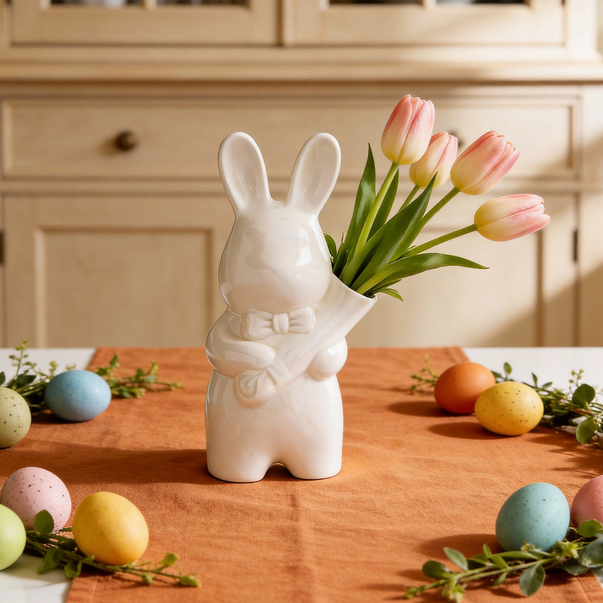 Easter Bunny Flower Arrangement Simple Ceramic Rabbit Holding Flower Vase Flower Arrangement Home Animal Art Ornament Decoration