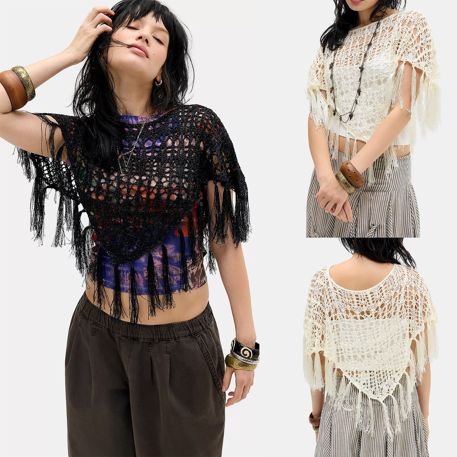2026 Spring/Summer New European and American Style Batwing Sleeve Tassel Knitted Sweater Pullover Cape Shawl Women's Cover-Up