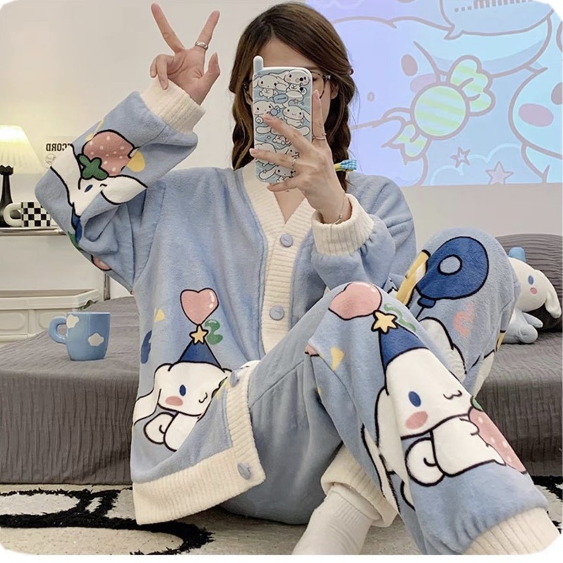 玉桂狗法兰绒睡衣秋冬加厚卡通可爱家居服套装保暖舒适开衫两件套|undefined