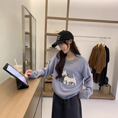 2025早秋慵懒松弛感韩系温柔风毛衣小狗提花图案可爱风套头针织衫