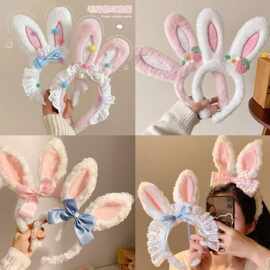 可爱蝴蝶结兔耳朵毛绒发箍蕾丝花边洗脸头箍儿童发卡2025新款头饰