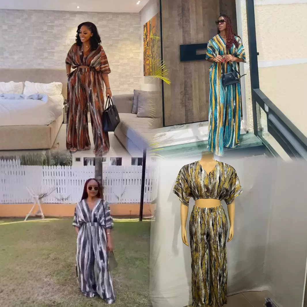 夏季欧美跨境热卖不规则条纹印花V领短袖阔腿裤套装跨境源头批发