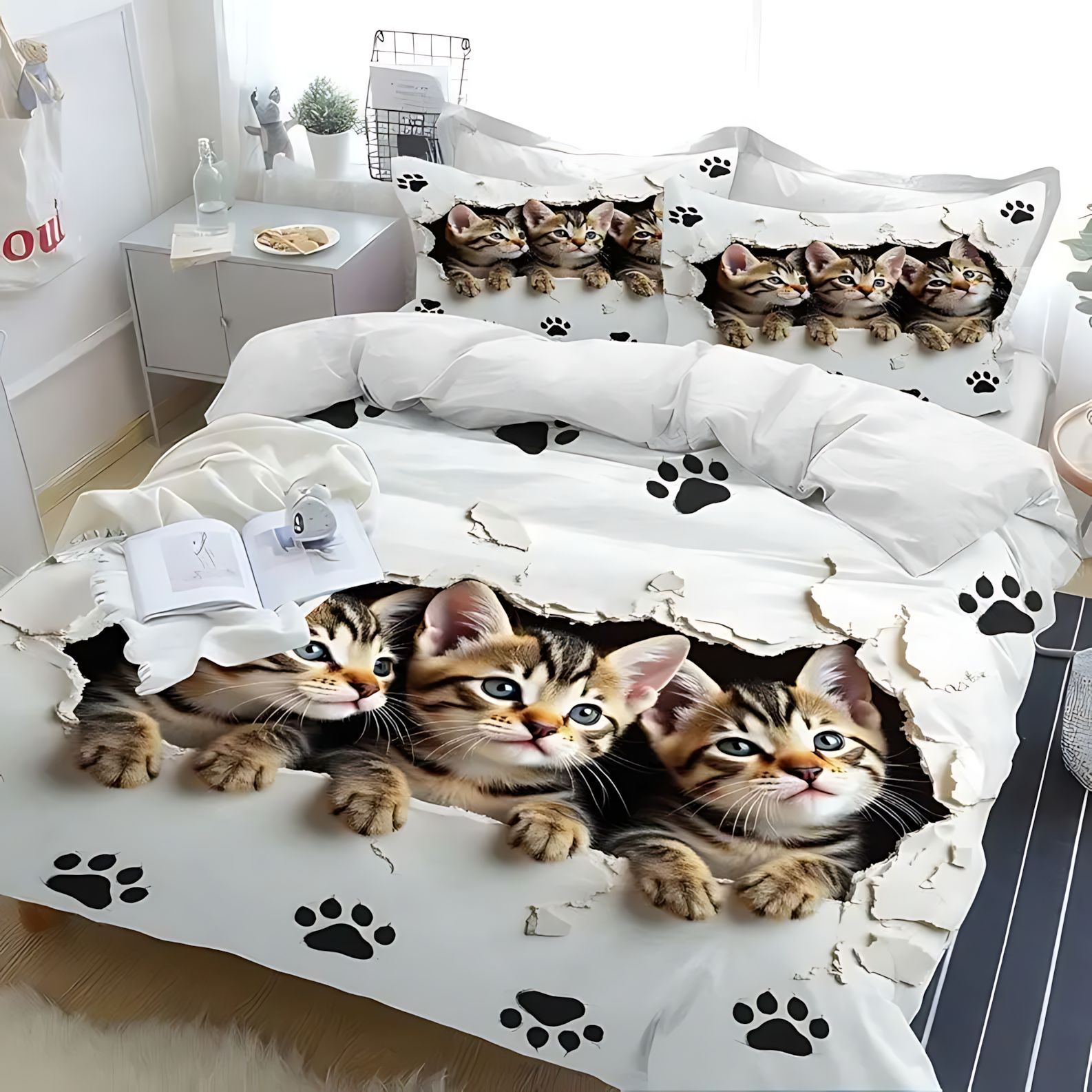 TEMU / JIT negro y blanco gatito impresión digital transfronteriza nuevo producto de pelo abrasivo colcha de cama