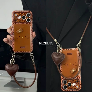 棕色豹纹蝴蝶结KT表情手提斜跨适用iPhone17promax苹果16手机壳15