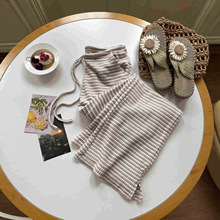 亚马逊外贸跨境欧美辣妹抽绳条纹长裤女装休闲低腰性感微喇开叉裤