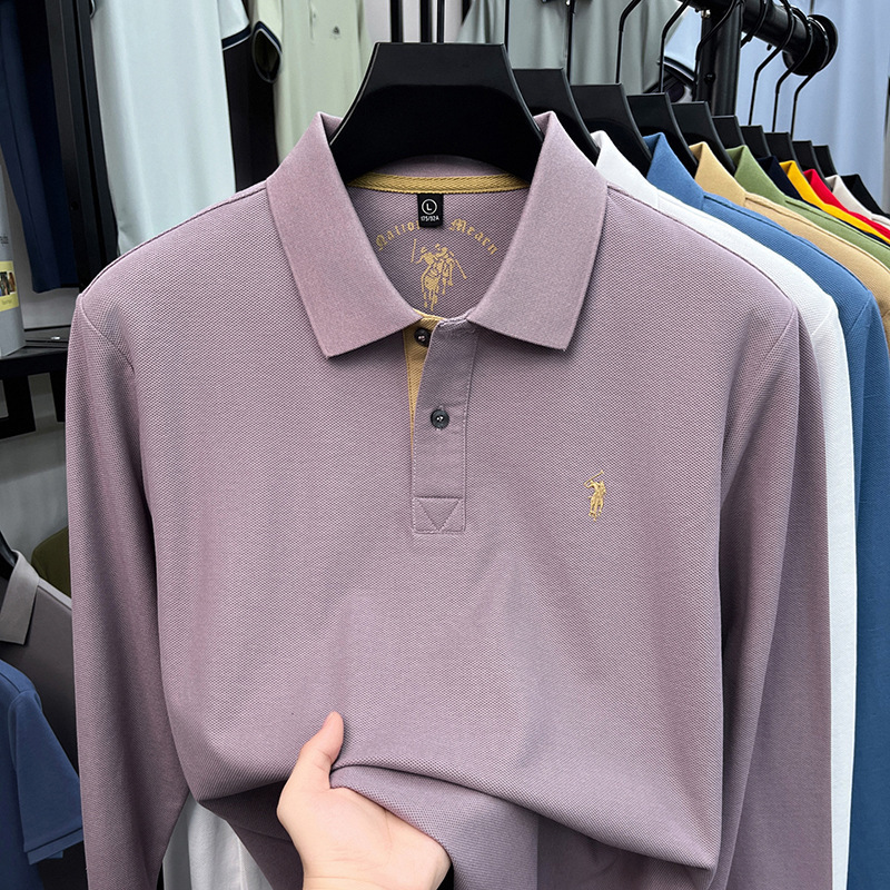 Men's pure cotton long-sleeved polo shirt, 2026 autumn new collection, fashionable with a turned-down collar, embroidered, breathable, and suitable as a base layer; wholesale available