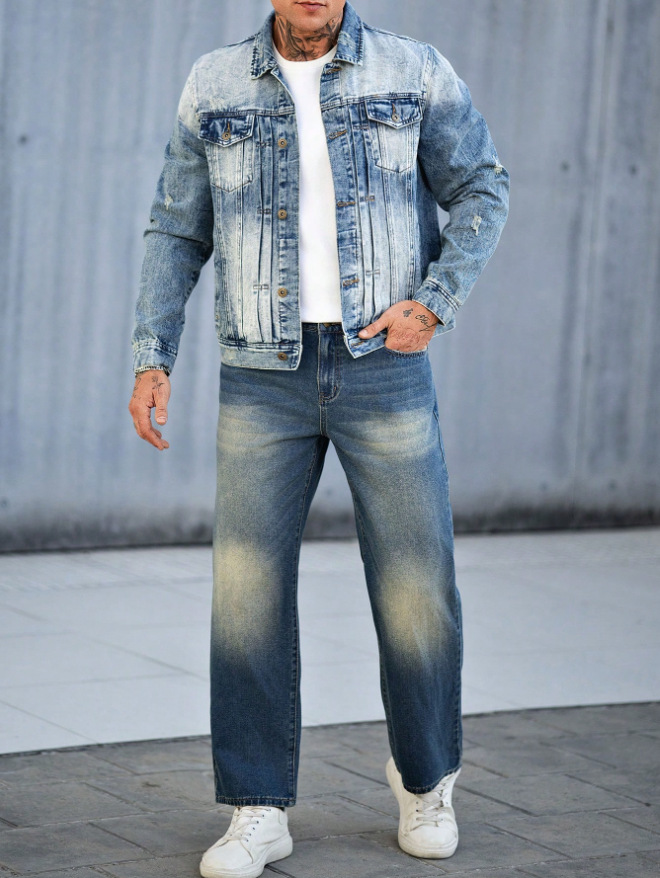 Men's Heavy Duty Denim Jacket Trendy Pleated Gradient Outerwear_voghion.com