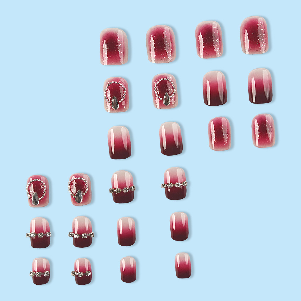 Año Nuevo vino rojo hadas cadena de perforación de manchas de uñas polvo de brillo gradiente para usar un parche de uñas 24 piezas de parche de uñas falsas
