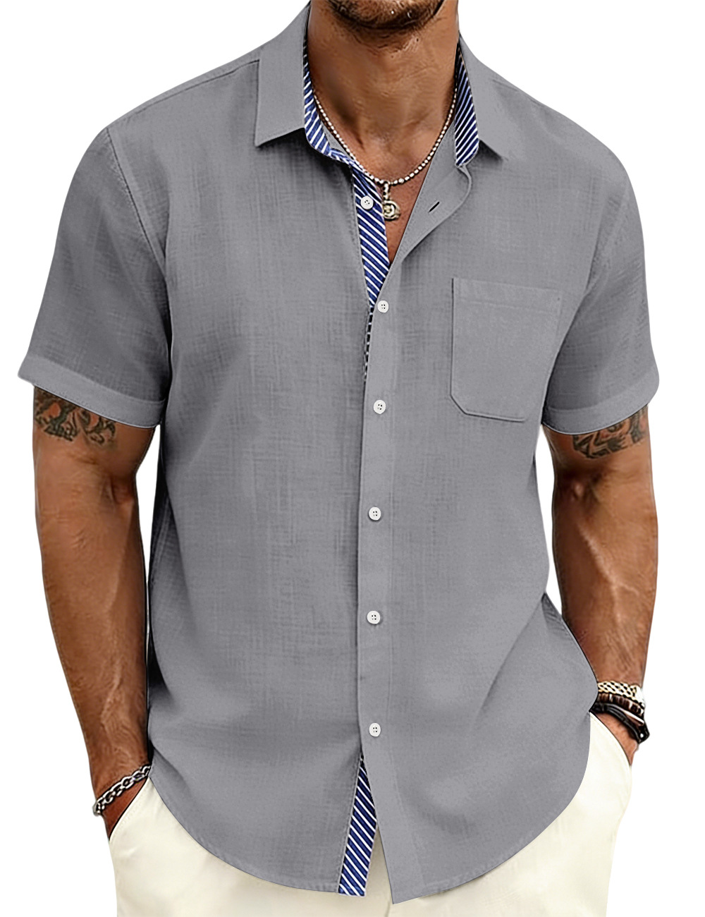 Verano europeo y americano nuevo hombre revestimiento a rayas de manga corta camisa de comercio exterior exterior casual europea americana