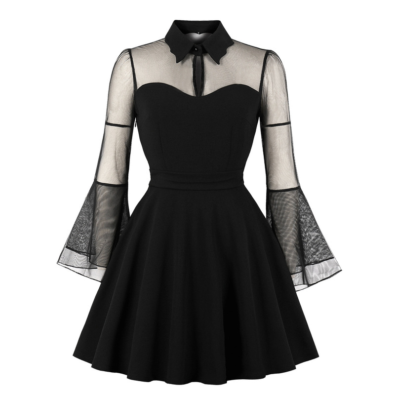 European and American Cross-Border Women's Clothing Halloween Gothic Style Dark Large Size Black Queen Mesh Long-Sleeved Retro Dress 1685