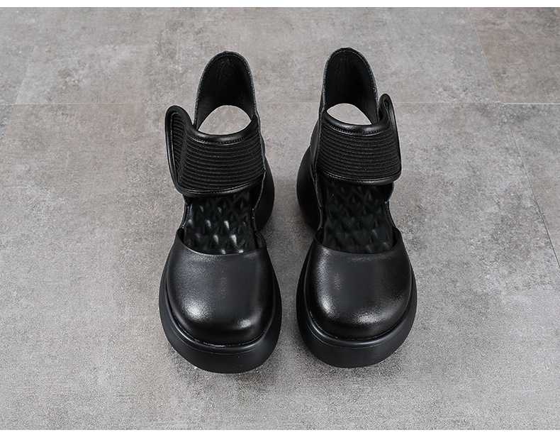 Sandal quai ngang nữ da bò thật đế dày tăng chiều cao gót 9 cm — màu đen chi tiết 11