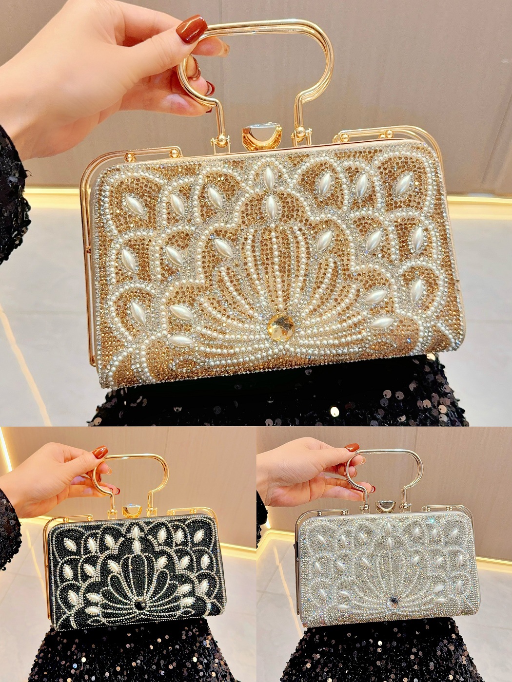 Gold Silver Black Pu Leather Solid Color Pearls Square Evening Bags display picture 10