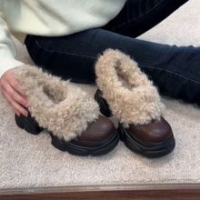 厚底小个子复古圆头毛毛鞋2025新款一脚蹬加绒乐福鞋女保暖小皮鞋