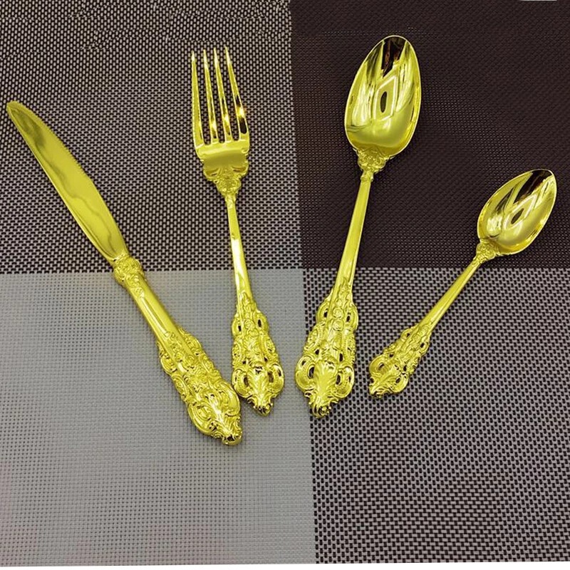 4 pcs/set Golden wedding tableware suit gold plated court vintage Christmas tableware restaurant silverware dinner knife and fork