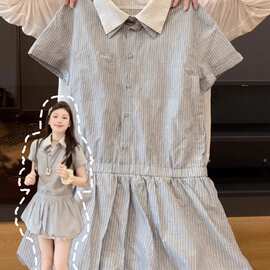 2026新款miu系假两件灰色polo连衣裙子女夏季小个子收腰花苞短裙