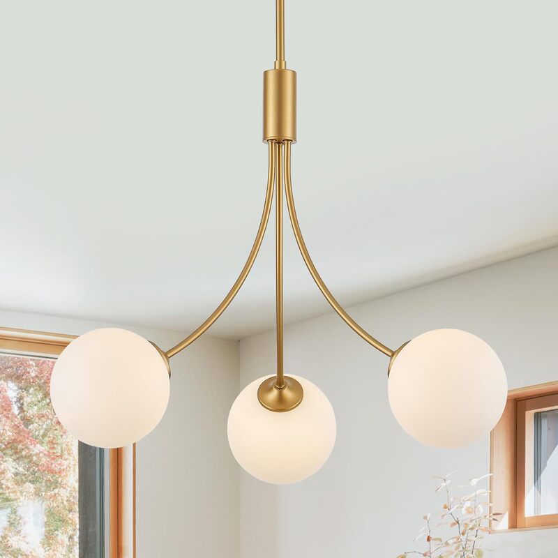 Cross-Border Supply of Modern Minimalist Gold Pendant Lights with Milk White Spherical Glass Shades, Suitable for Dining Rooms, Living Rooms, and Entryways