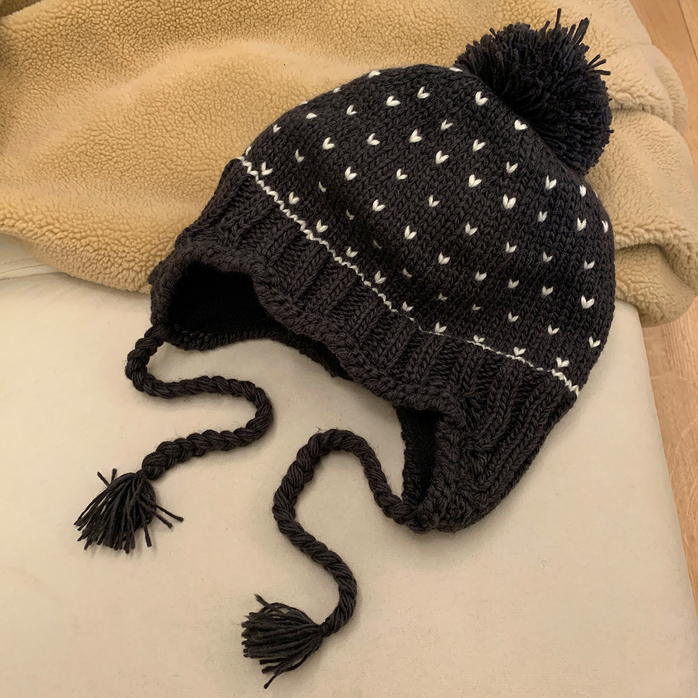 フェア島風毛糸帽子女子秋冬レトロ百合大頭囲保温ニット帽子顔小耳保護帽子