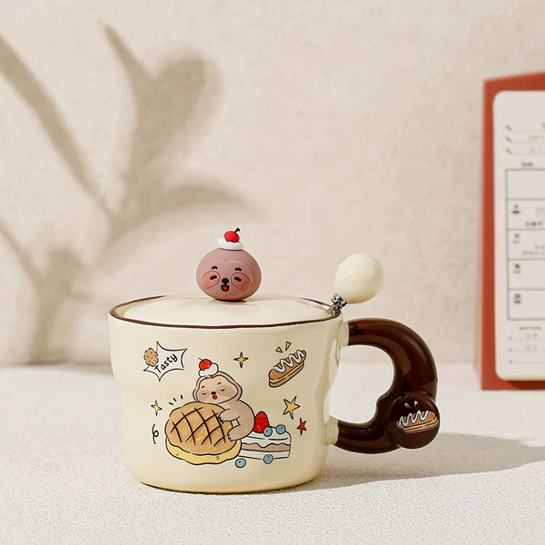 Brown sloth (bread style) cup + lid + spoon
