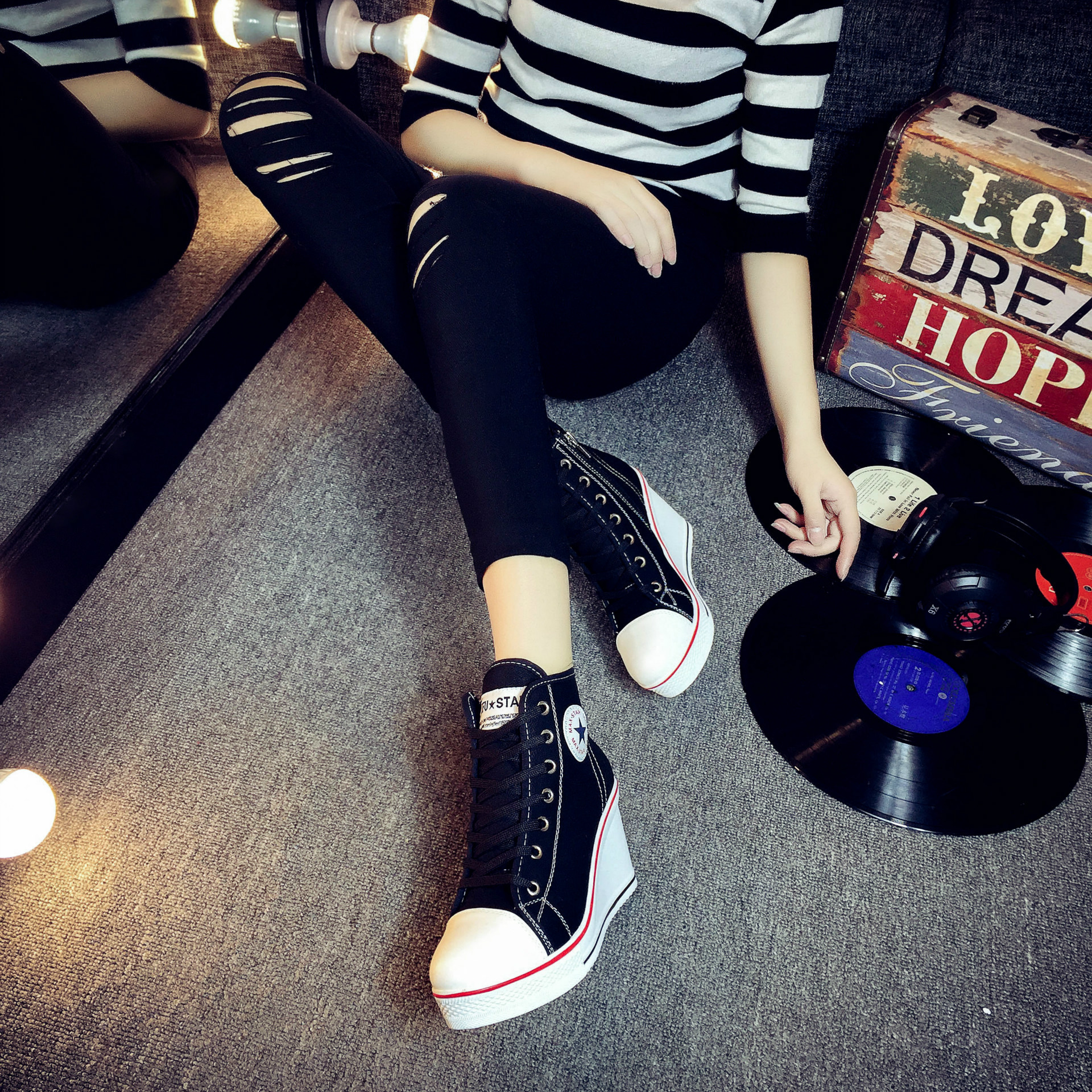 2021新款网红韩版女士时尚帆布鞋高帮休闲学生小个子增高小白鞋女|ms