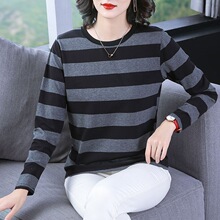 棉质宽松条纹长袖t恤女中年妈妈装加大码外穿百搭打底衫洋气上衣