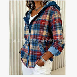 欧美 亚马逊独立站女式衬衣ins秋冬新品时尚格子撞色外套女
