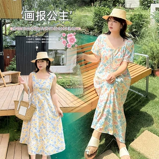 伊诺大码女装度假风碎花连衣裙夏姐妹款油画风背心裙242530