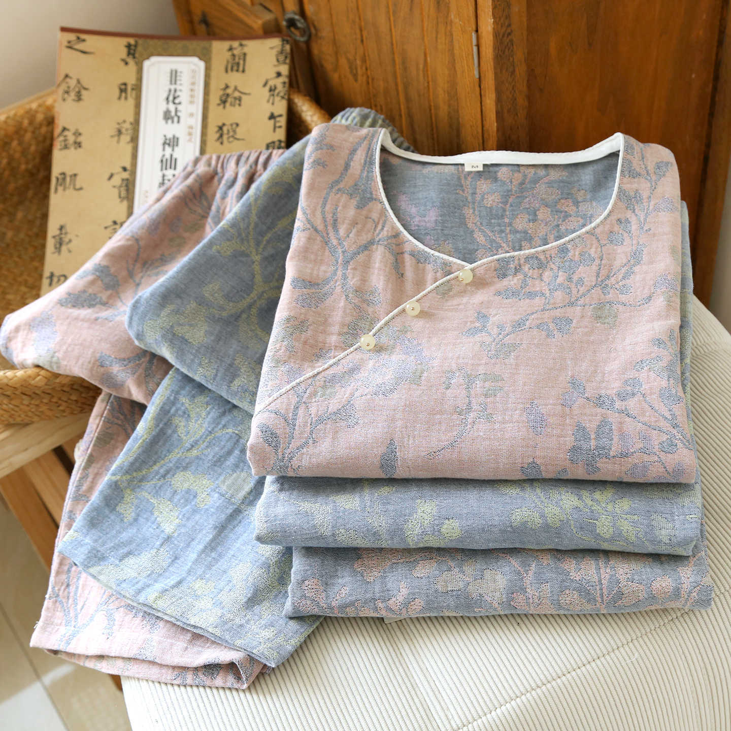 新中式国风春夏纯棉色织纱布睡衣女九分斜襟提花中长款家居服套装