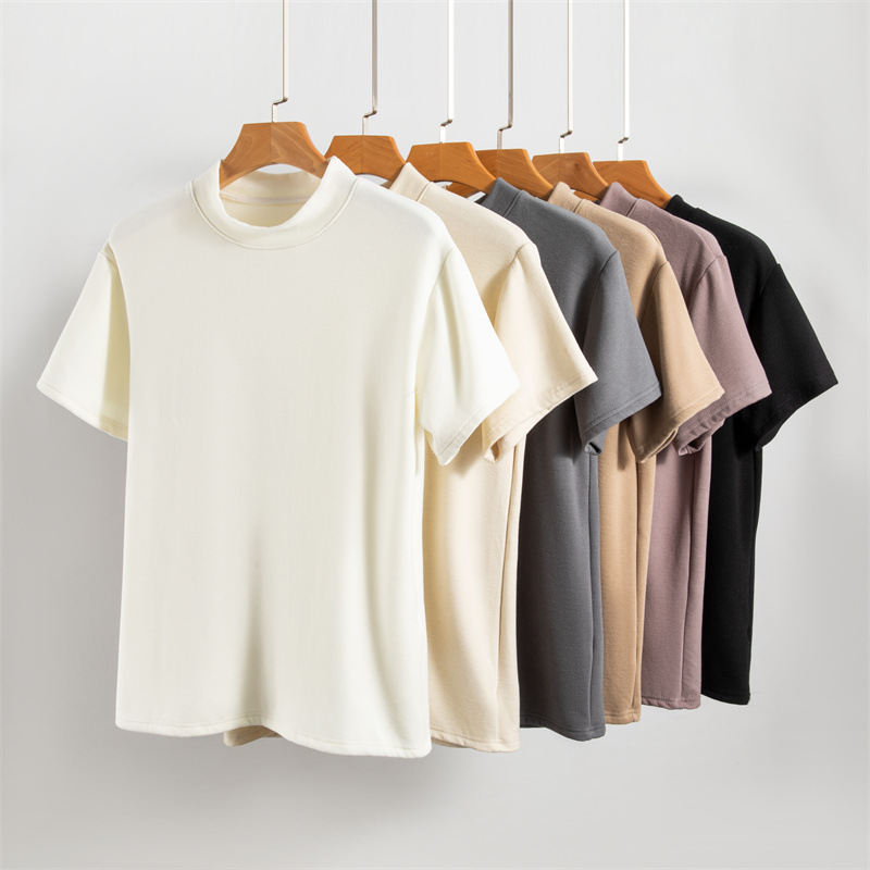 가을과 겨울 반소매 기모 두꺼운 벨벳 티셔츠 반쪽 터틀넥 남성의베이스 셔츠 따뜻한 반소매 미드 칼라 탑