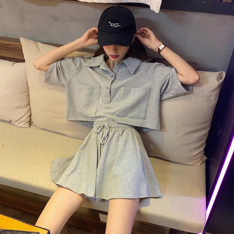 Single/Set Summer New Short POLO Collar Tooling Style T-Shirt Women + High Waist Skirt Fashion Two-Piece Set