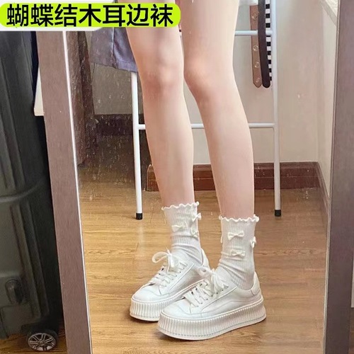 Japanese cute bow-tie ear-rimmed socks for women in spring and summer sweet girl mid-calf socks jk uniform lace socks