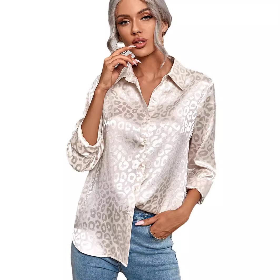 2026 European and American Cross-Border Women's Clothing Spring and Summer New Style Lapel Button-Up Leopard Print Jacquard Shirt Elegant Commuter Long-Sleeve Shirt