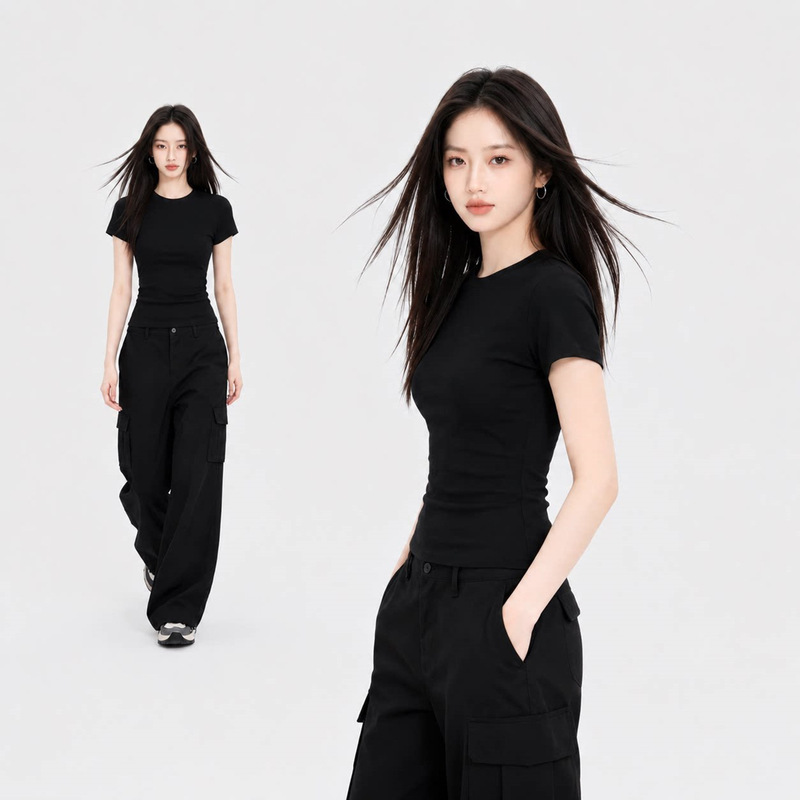 Black short-sleeved, regular-fit women's T-shirt, slimming and flattering, 2026 new style, a popular and stylish design, round neck, solid color, half-sleeve top Black short-sleeved, regular-fit women's T-shirt, slimming and flattering, 2026 new style, a popular and stylish design, round neck, solid color, half-sleeve top