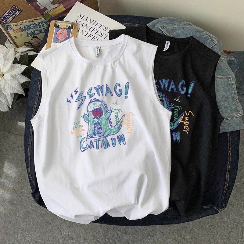 Graffiti Dinosaur American Retro Vest Men's Trendy Brand Ins Summer Thin Casual Large Size Loose Breathable Sleeveless T-Shirt 12