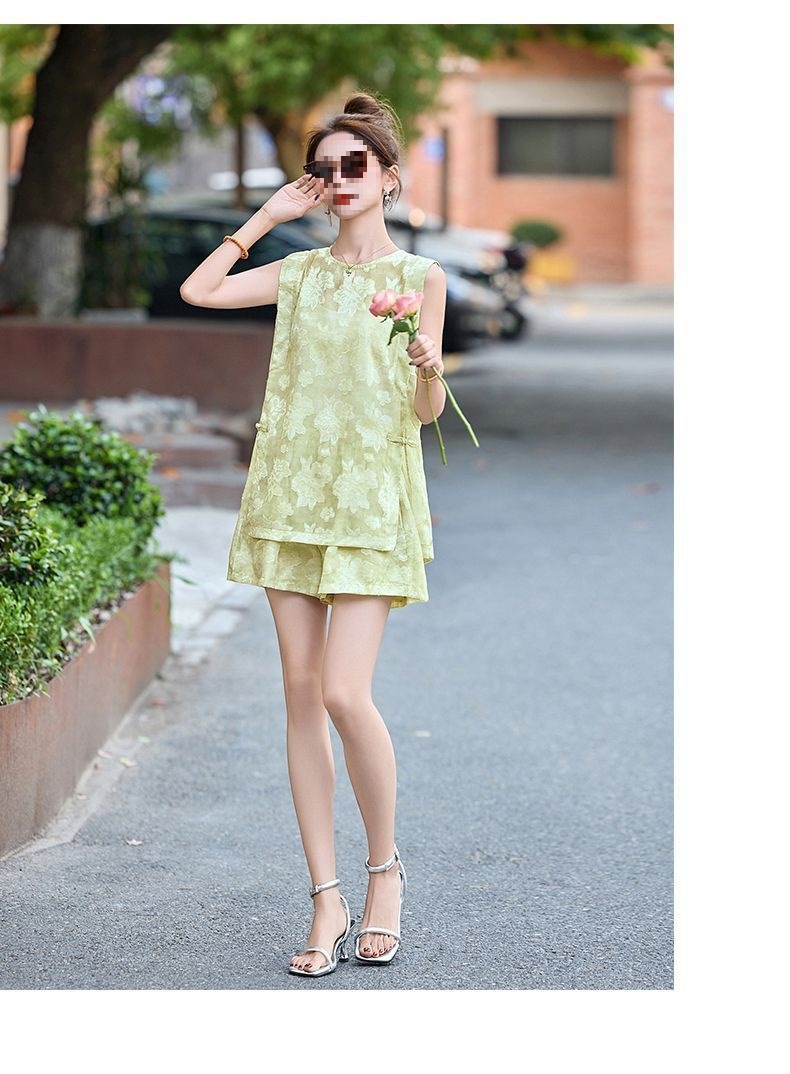 Bộ quần short áo không tay nữ phong cách quốc phong mới 2026 — Bộ màu xanh lá cây nhạt, Bộ màu hồng nhạt chi tiết 17