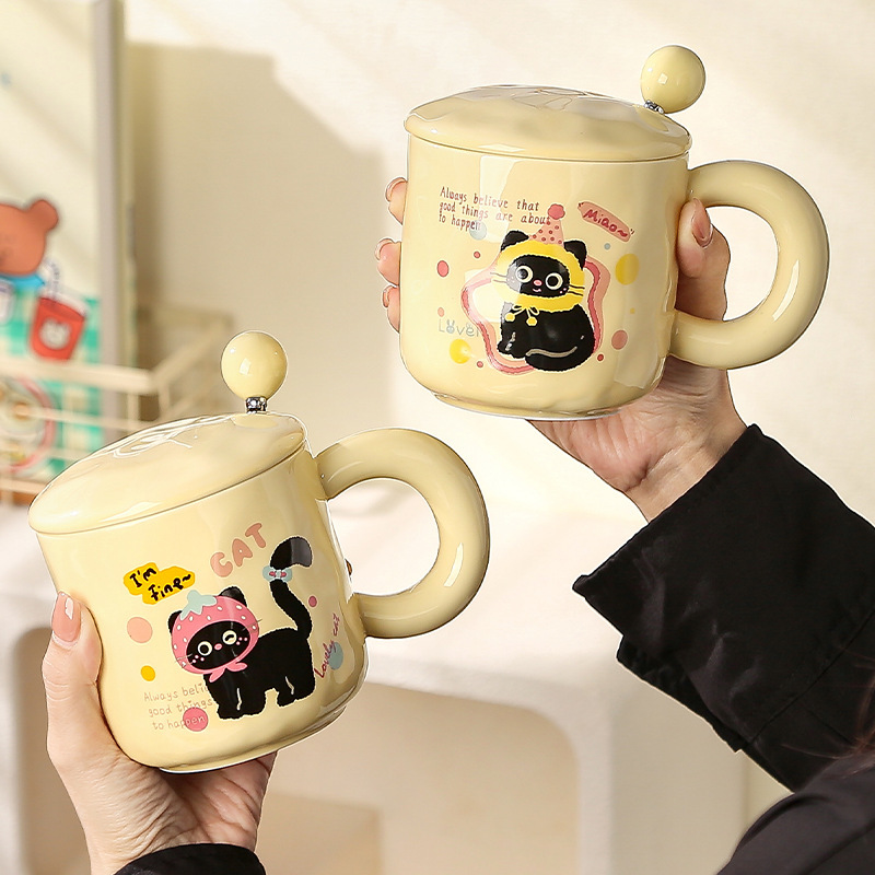 小さな黒猫かわいいクリエイティブエレガントシンプルな漫画マグ立体セラミックカップかわいいお土産ギフトボックスセット|undefined