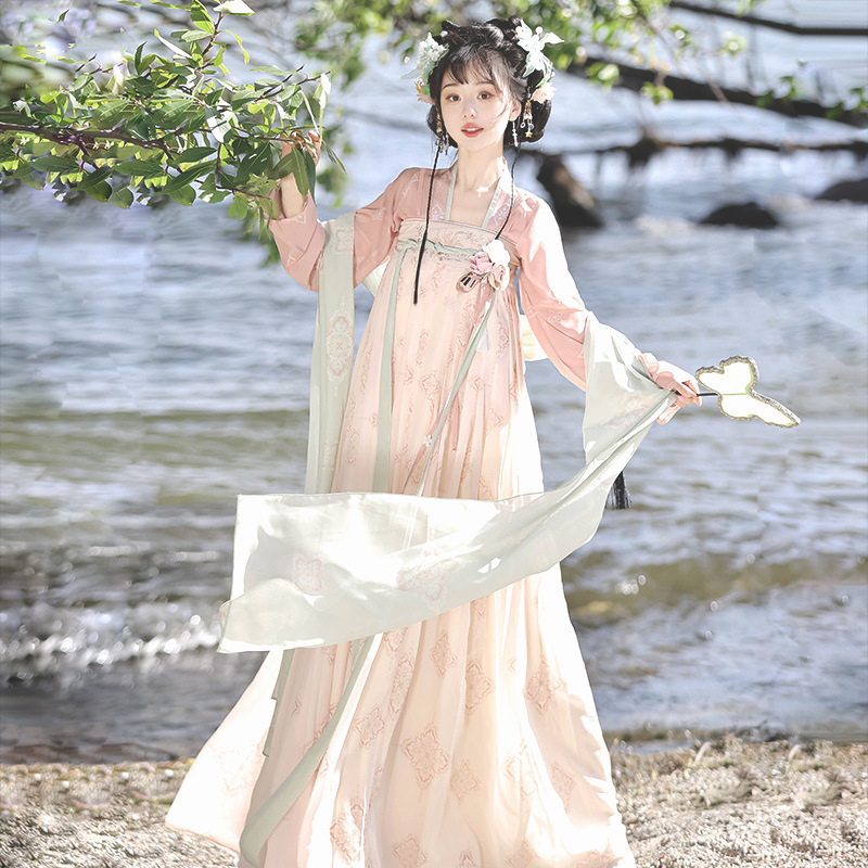 原创设计橙花尽唐制汉服女中国风汉元素披帛上襦齐胸裙套装9038|undefined