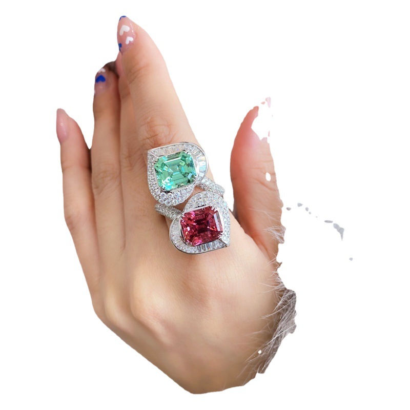 Elegante baile reina llena de diamantes con incrustaciones de doble corazón turmalina anillo pendientes AB contraste color pendientes encantadores