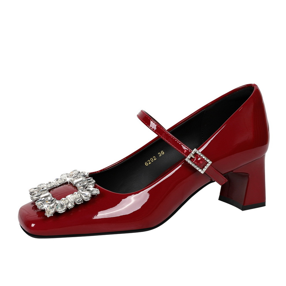 6292-K90 European And American Style Mary Jane For Women, Chunky Heel, Shallow Square Toe, Shiny Patent Leather,_vogvips.com