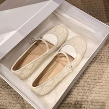 牛皮版~苏茵茵同款小香风玛丽珍鞋菱格珍珠一字扣带平底单鞋女