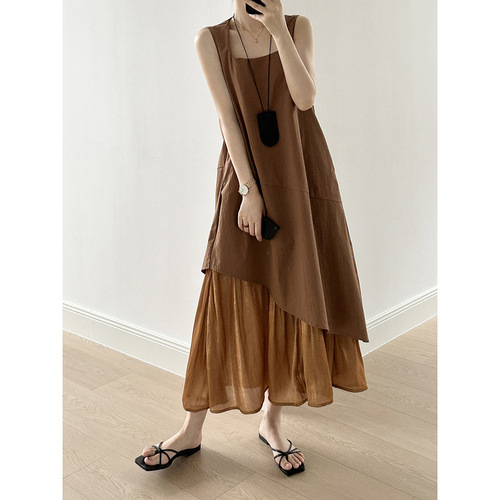 Yan Shuang Asymmetrical Hem Patchwork Backless Dress 2025 Summer Simple Elegant Casual Long Dress 5987