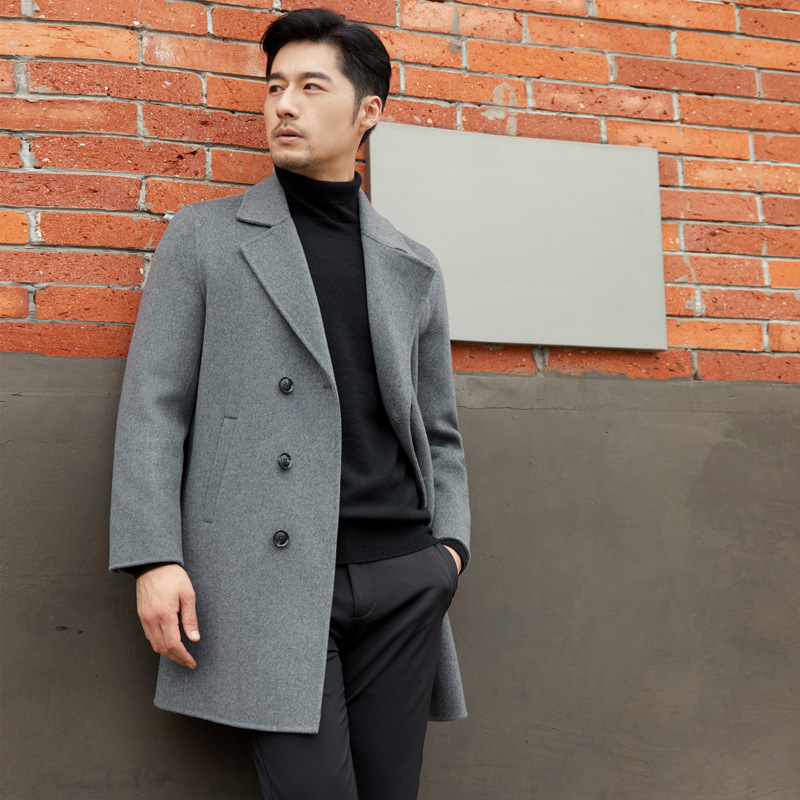 Winter Men's Double-sided Woolen Windbreaker Pure Wool Woolen Coat Korean Style Slim Double-breasted Mid-length Cashmere Coat