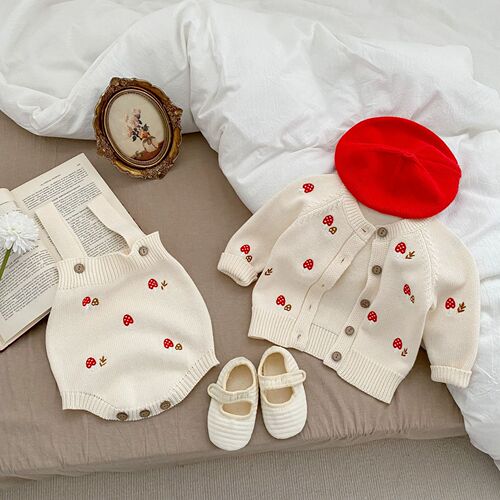 2025 Spring and Autumn Baby Clothes Cute Girls Mushroom Embroidered Cardigan Coat + Sleeveless Belted Bodysuit Crawling Suit