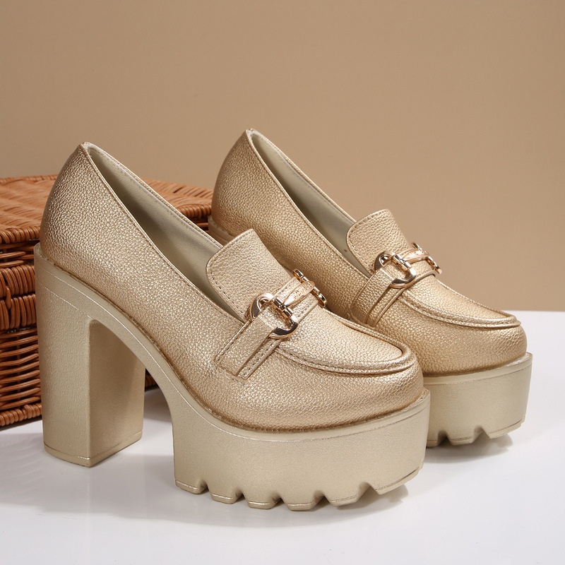 2025 New Foreign Trade Large Size Thick Heel High Heel Shoes for Women Metal Round Toe Thick Sole Comfortable and Fashionable Pure Color High Heels