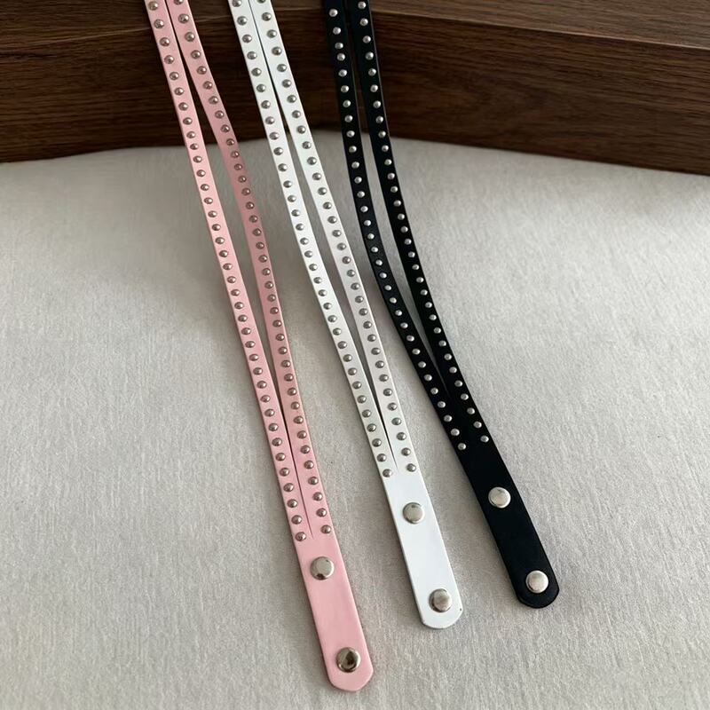 Y2K Punk Style Double-Row Metal Stud Thin Belt Pink and White Double-Striped Decorative Waist Accessory Dress Outfit Belt Y2K Punk Style Double-Row Metal Stud Thin Belt Pink and White Double-Striped Decorative Waist Accessory Dress Outfit Belt
