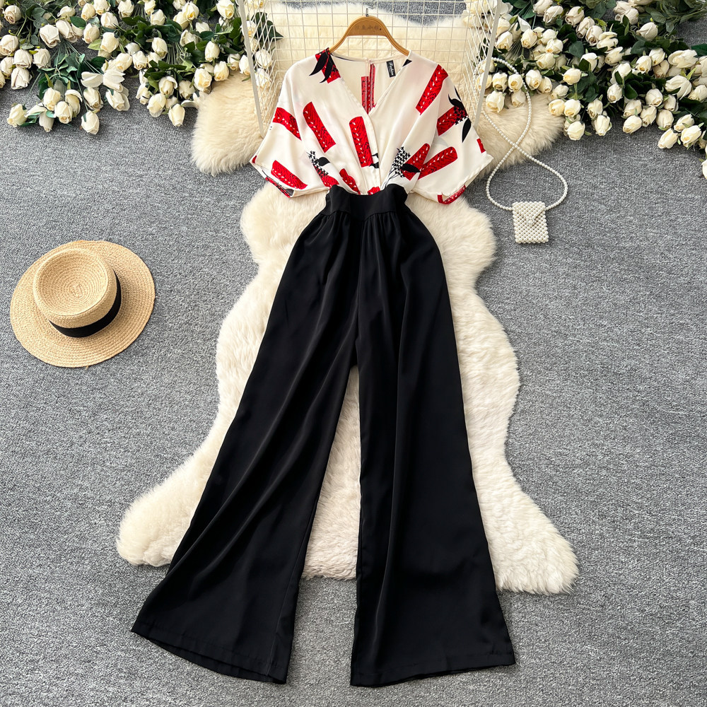 Korean Style Women's V Neck Jumpsuit High Waisted Wide Leg Pants Slimming Print Workwear Summer Elegant Long Romper_ecoleips.com