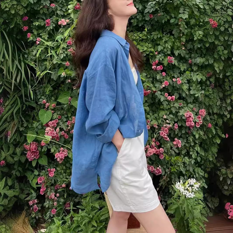MANMANS French Relaxation Shirt Thin Ramie Loose Sunscreen Shirt Nice Blue Cotton Linen Shirt for Women